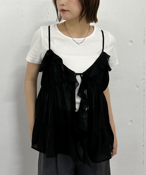 archives（アルシーヴ）の「ラッフルフリルキャミ×テレコＴｅｅＳＥＴ（アンサンブル・レディース・キャメル/アイボリー/ブラック・MEDIUM）」の2枚目の写真