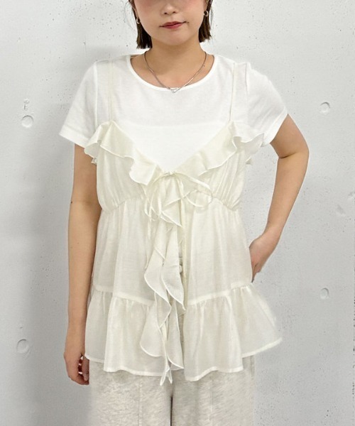 archives（アルシーヴ）の「ラッフルフリルキャミ×テレコＴｅｅＳＥＴ（アンサンブル・レディース・キャメル/アイボリー/ブラック・MEDIUM）」の10枚目の写真