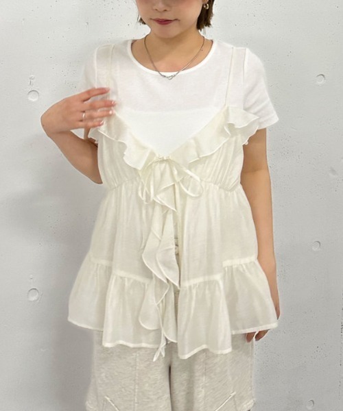 archives（アルシーヴ）の「ラッフルフリルキャミ×テレコＴｅｅＳＥＴ（アンサンブル・レディース・キャメル/アイボリー/ブラック・MEDIUM）」の9枚目の写真