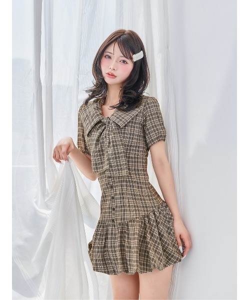 Darich ダーリッチ ビッグリボンバルーンチェックミニワンピース ベージュ ダーリッチ Darich ビッグリボンバルーンチェックミニワンピース