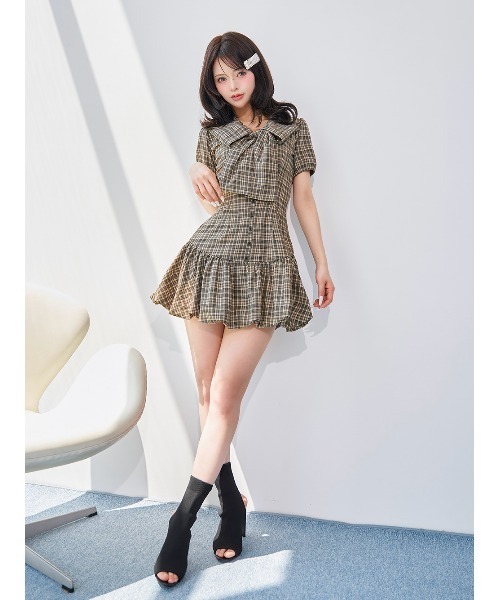 darich ビッグリボンバルーンチェックミニワンピース BEG FREE 予約商品】ビッグリボンバルーンチェックミニワンピース