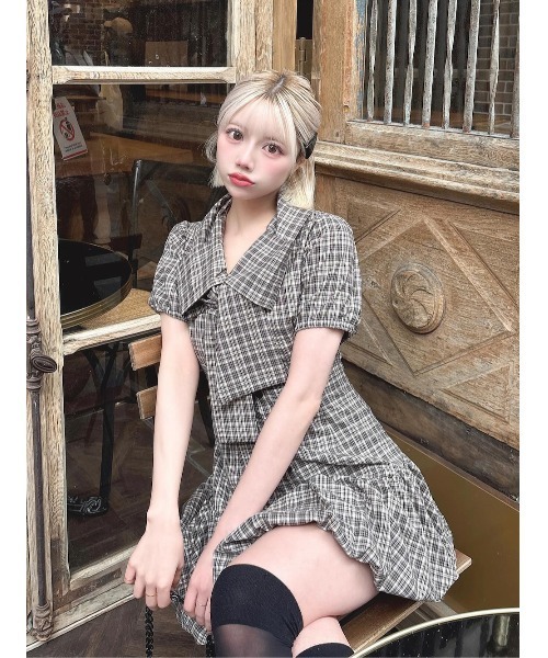 Darich ダーリッチ　ビッグリボンバルーンチェックミニワンピース　FREE Darich（ダーリッチ）の「ビッグリボンバルーンチェックミニ