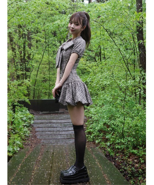 Darich ビッグリボンバルーンチェックミニワンピース ブラック FLサイズ Darich ビッグリボンバルーンチェックミニワンピース ブラック