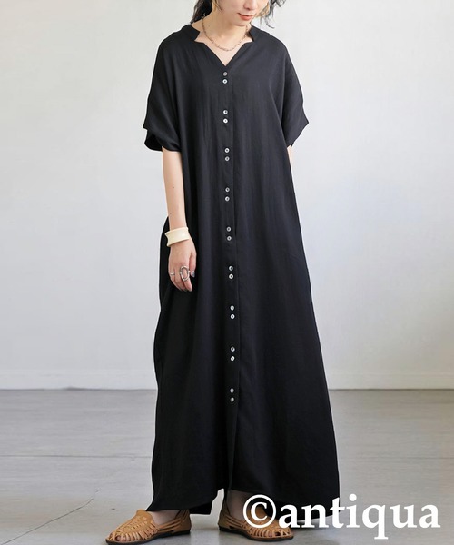 antiqua（アンティカ）の「リネンタッチワンピース（シャツワンピース・レディース・ナチュラル/ブラック・P/R）」の2枚目の写真