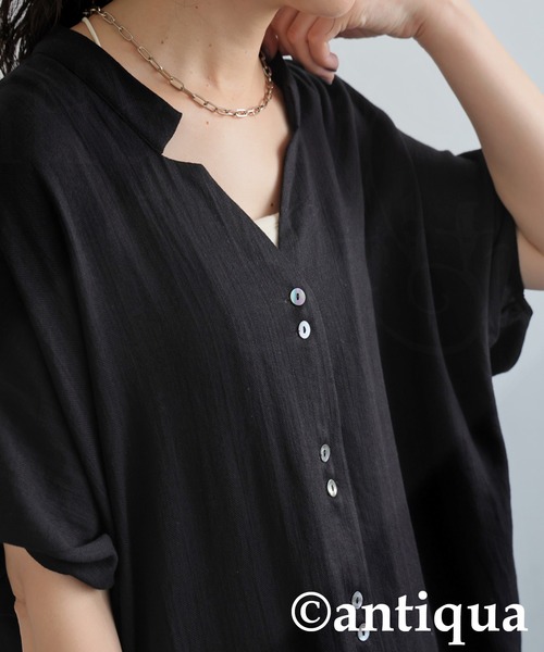 antiqua（アンティカ）の「リネンタッチワンピース（シャツワンピース・レディース・ナチュラル/ブラック・P/R）」の3枚目の写真