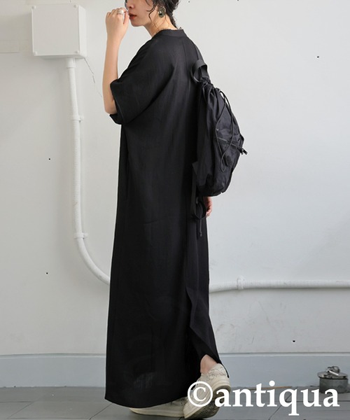 antiqua（アンティカ）の「リネンタッチワンピース（シャツワンピース・レディース・ナチュラル/ブラック・P/R）」の4枚目の写真