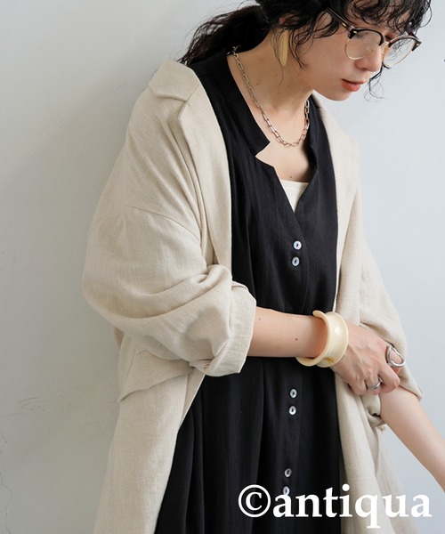 antiqua（アンティカ）の「リネンタッチワンピース（シャツワンピース・レディース・ナチュラル/ブラック・P/R）」の5枚目の写真