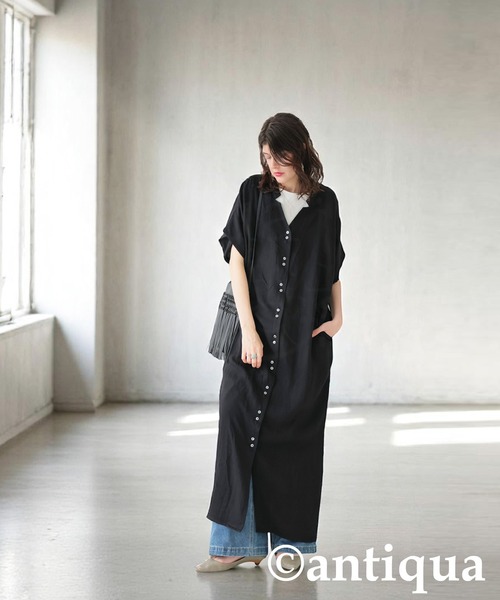 antiqua（アンティカ）の「リネンタッチワンピース（シャツワンピース・レディース・ナチュラル/ブラック・P/R）」の9枚目の写真