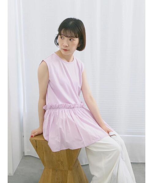 Samansa Mos2 blue(サマンサモスモスブルー)の「◎【接触冷感】ドッキングノースリーブプルオーバー(Tシャツ/カットソー・レディース・オフホワイト/ブラック/ピンク・F)」の3枚目の写真