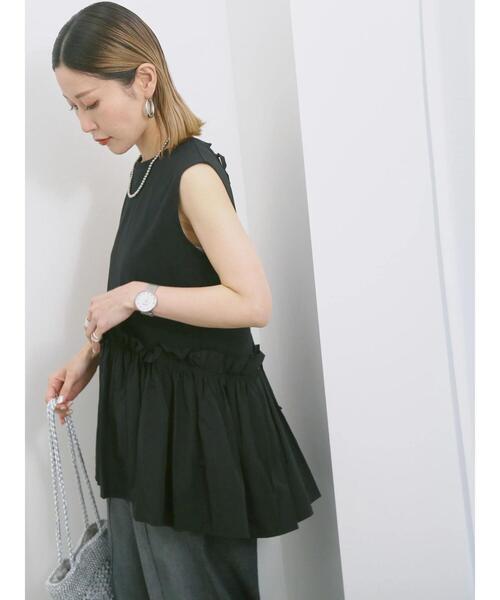 Samansa Mos2 blue(サマンサモスモスブルー)の「◎【接触冷感】ドッキングノースリーブプルオーバー(Tシャツ/カットソー・レディース・オフホワイト/ブラック/ピンク・F)」の2枚目の写真