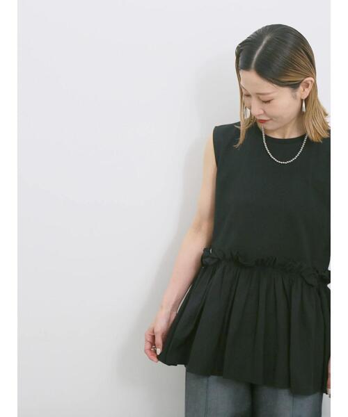 Samansa Mos2 blue(サマンサモスモスブルー)の「◎【接触冷感】ドッキングノースリーブプルオーバー(Tシャツ/カットソー・レディース・オフホワイト/ブラック/ピンク・F)」の4枚目の写真
