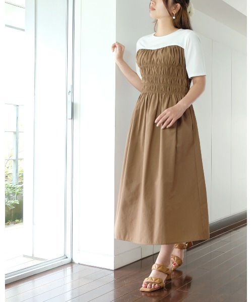 セール】ジャージ×タフタ_レイヤード風シャーリングワンピース