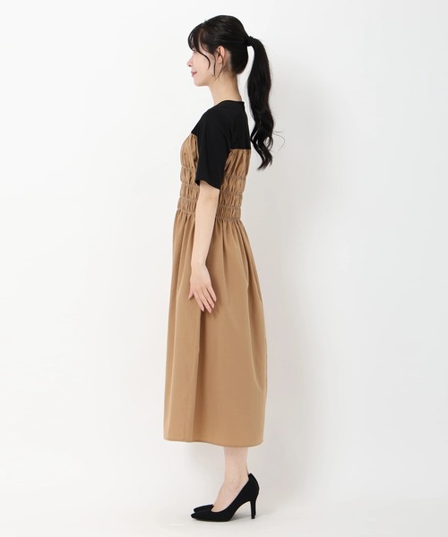 ストロベリーフィールズ シャークリン ワンピース ベージュ サイズ2 セール】ジャージ×タフタ_レイヤード風シャーリングワンピース