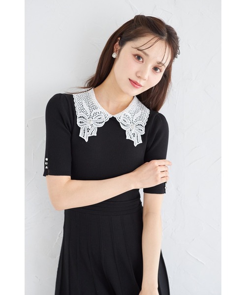 tocco closet(トッコ クローゼット)の「2WAYレース襟付きビジュー装飾プリーツニットワンピース(ワンピース・レディース・ブラック/グレイッシュブルー/ローズ・M)」の19枚目の写真