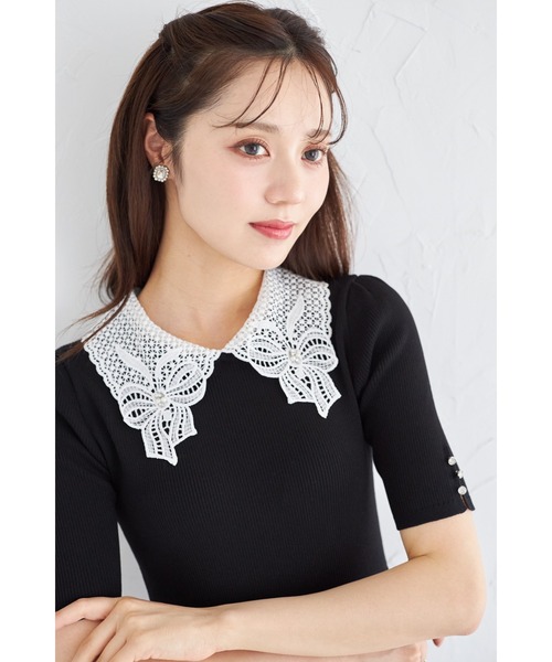 tocco closet(トッコ クローゼット)の「2WAYレース襟付きビジュー装飾プリーツニットワンピース(ワンピース・レディース・ブラック/グレイッシュブルー/ローズ・M)」の21枚目の写真