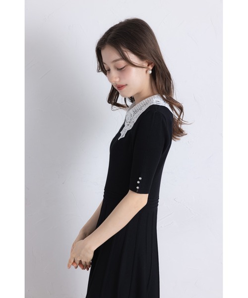 セール】2WAYレース襟付きビジュー装飾プリーツニットワンピース