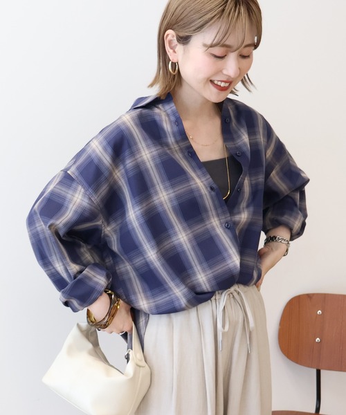 AMERICAN HOLIC（アメリカンホリック）の「イージーケアチェックシャツ【360°着こなしシャツ】（シャツ/ブラウス・レディース・アイボリー/ブラック/ブルー/ライトグレー/グリーン/オレンジ・M/L）」の6枚目の写真