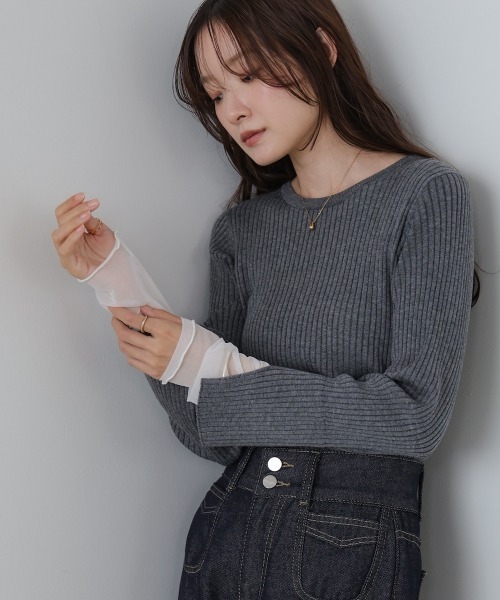 Bab（バブ）の「（選べるネック）チュールレイヤードリブニット（ニット/セーター・レディース・D/ピンク/グレー/G/B/ブルー/ブラウン/A/ホワイト系その他/グレー系その他3/F/E・FREE）」の8枚目の写真