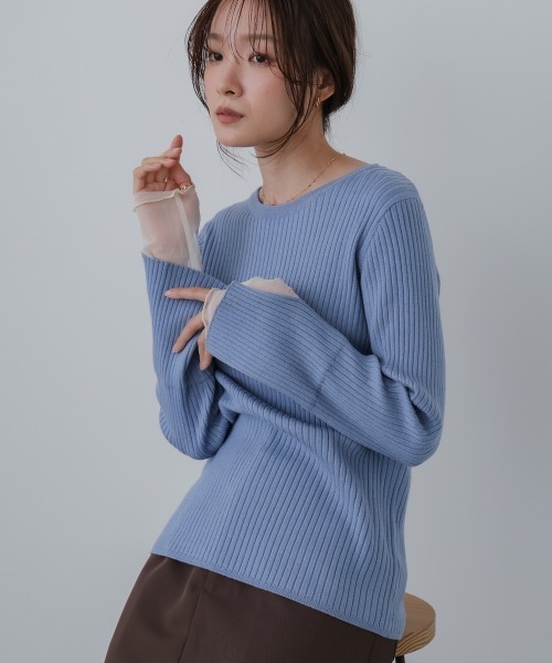 Bab（バブ）の「（選べるネック）チュールレイヤードリブニット（ニット/セーター・レディース・D/ピンク/グレー/G/B/ブルー/ブラウン/A/ホワイト系その他/グレー系その他3/F/E・FREE）」の12枚目の写真