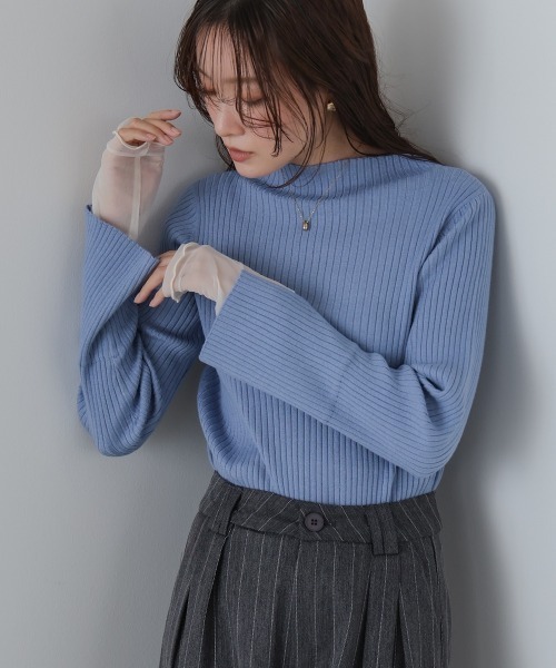 Bab（バブ）の「（選べるネック）チュールレイヤードリブニット（ニット/セーター・レディース・D/ピンク/グレー/G/B/ブルー/ブラウン/A/ホワイト系その他/グレー系その他3/F/E・FREE）」の6枚目の写真