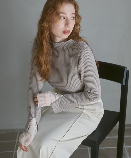 Bab（バブ）の「（選べるネック）チュールレイヤードリブニット（ニット/セーター・レディース・D/ピンク/グレー/G/B/ブルー/ブラウン/A/ホワイト系その他/グレー系その他3/F/E・FREE）」の4枚目の写真