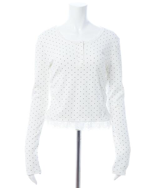 INGNI（イング）の「ヘンリーネックレース付プレートロゴ長袖リブドットトップス（Tシャツ/カットソー・レディース・ブラック×ホワイト/ホワイト×ブラック・M）」の6枚目の写真