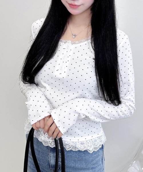 INGNI（イング）の「ヘンリーネックレース付プレートロゴ長袖リブドットトップス（Tシャツ/カットソー・レディース・ブラック×ホワイト/ホワイト×ブラック・M）」の7枚目の写真