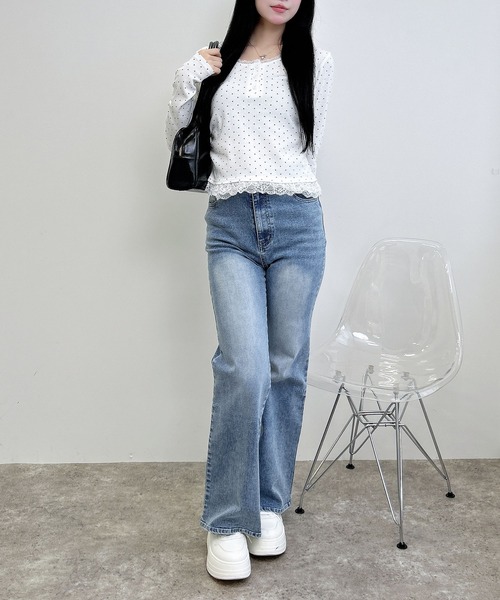 INGNI（イング）の「ヘンリーネックレース付プレートロゴ長袖リブドットトップス（Tシャツ/カットソー・レディース・ブラック×ホワイト/ホワイト×ブラック・M）」の9枚目の写真