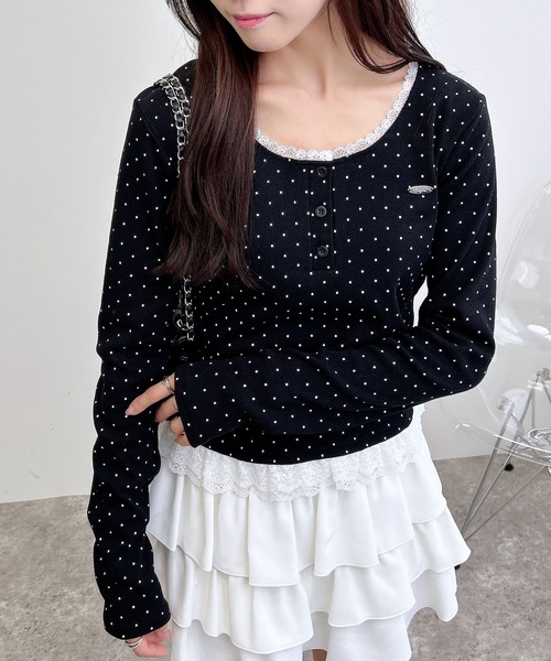 INGNI（イング）の「ヘンリーネックレース付プレートロゴ長袖リブドットトップス（Tシャツ/カットソー・レディース・ブラック×ホワイト/ホワイト×ブラック・M）」の12枚目の写真