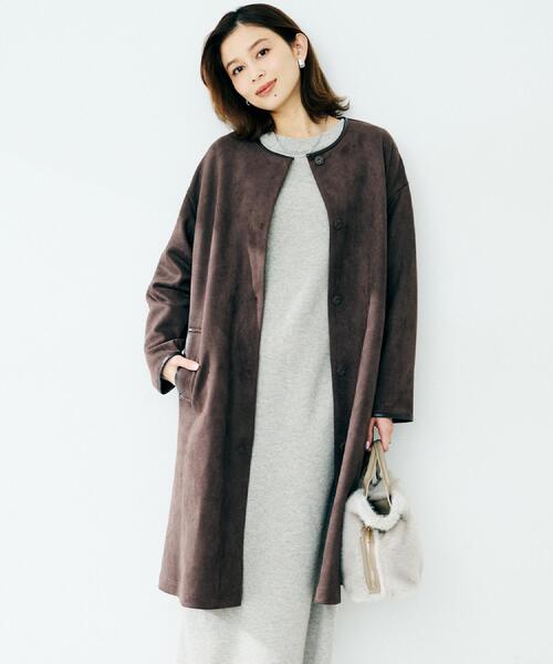 UNTITLED(アンタイトル)の「【洗える/軽羽織り】マシュマロタッチ スエード調コート(ノーカラーコート・レディース・ナチュラル/チャコールグレー/ブラウン系その他・48/44/04/03/02/01/00)」の1枚目の写真