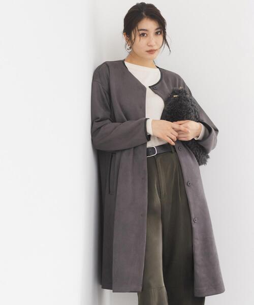 UNTITLED(アンタイトル)の「【洗える/軽羽織り】マシュマロタッチ スエード調コート(ノーカラーコート・レディース・ナチュラル/チャコールグレー/ブラウン系その他・48/44/04/03/02/01/00)」の2枚目の写真