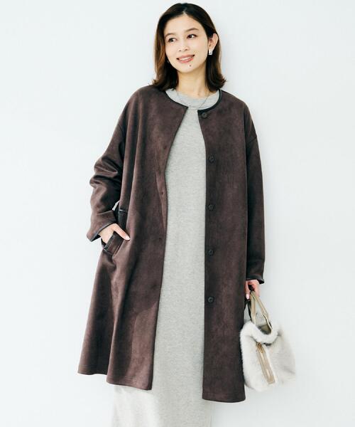 UNTITLED(アンタイトル)の「【洗える/軽羽織り】マシュマロタッチ スエード調コート(ノーカラーコート・レディース・ナチュラル/チャコールグレー/ブラウン系その他・48/44/04/03/02/01/00)」の12枚目の写真