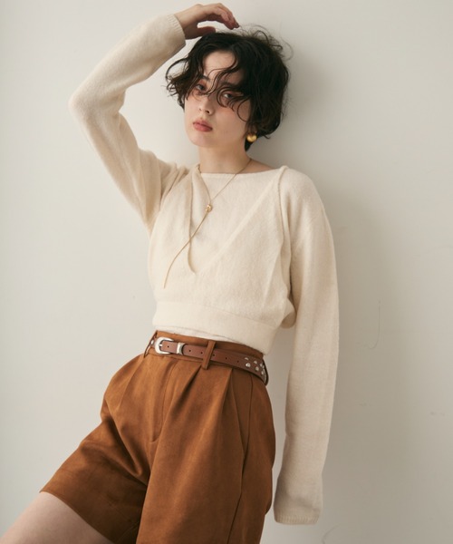 Trish（トリッシュ）の「天竺編みプルオーバー+ビスチェセット（ニット/セーター・レディース・ホワイト/ブラウン・MEDIUM）」の3枚目の写真