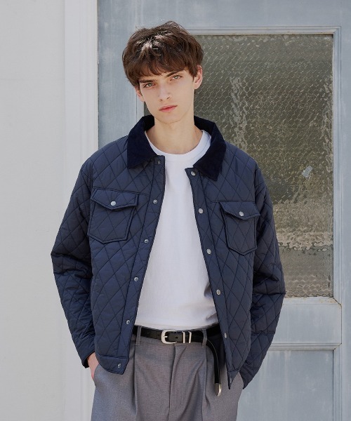 bargiee ブルゾン 春 秋 アウター ジャケット コーデュロイ襟 ネイビー reversible corduroy quilting jacket/リバーシブルコーデュロイ