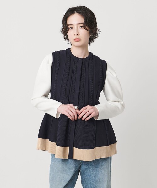 UNITED ARROWS ネイビー ノースリーブベスト ケーブル ペプラム ノースリーブ ニット ベスト ‐ウォッシャブル