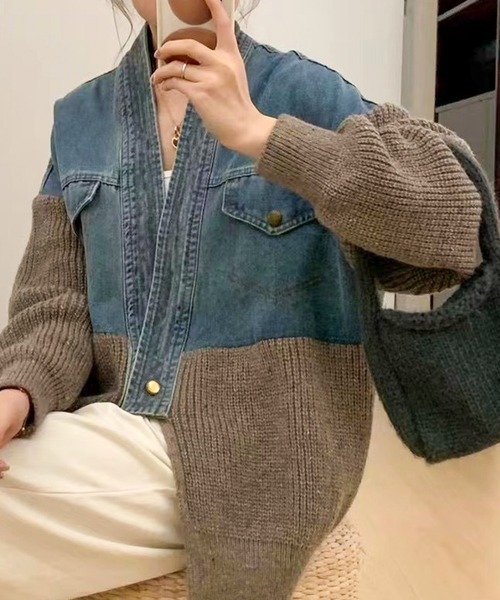 SpRay（スプレイ）の「デニム切替ニットカーディガン（カーディガン/ボレロ・レディース・モカ/オフホワイト/チャコールグレー・FREE）」の3枚目の写真