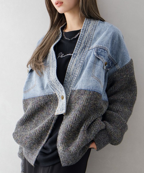 SpRay（スプレイ）の「デニム切替ニットカーディガン（カーディガン/ボレロ・レディース・モカ/オフホワイト/チャコールグレー・FREE）」の16枚目の写真