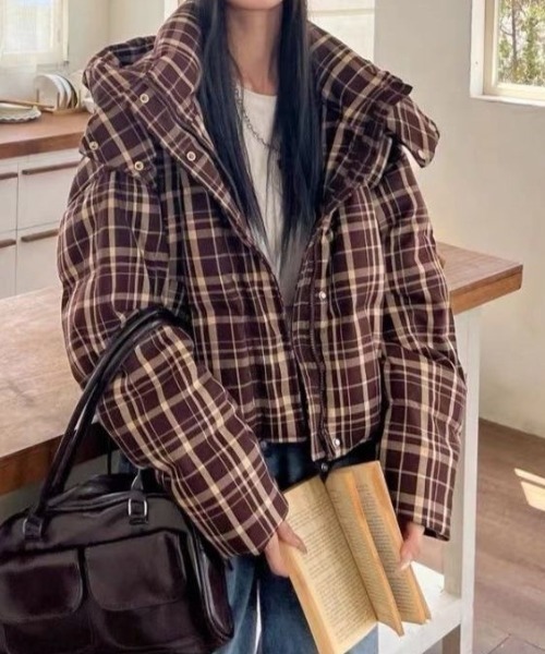 チェック柄　　ダウンコート　羽毛ジャケット　80%ダウンのコート ダウンコート ダウンジャケット チェック柄 フード付きショートダウン