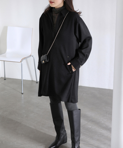 La TOTALITE(ラトータリテ)の「【洗える】スキッパーチュニックワンピース(ワンピース・レディース・ブラック/アイボリー・FREE)」の1枚目の写真