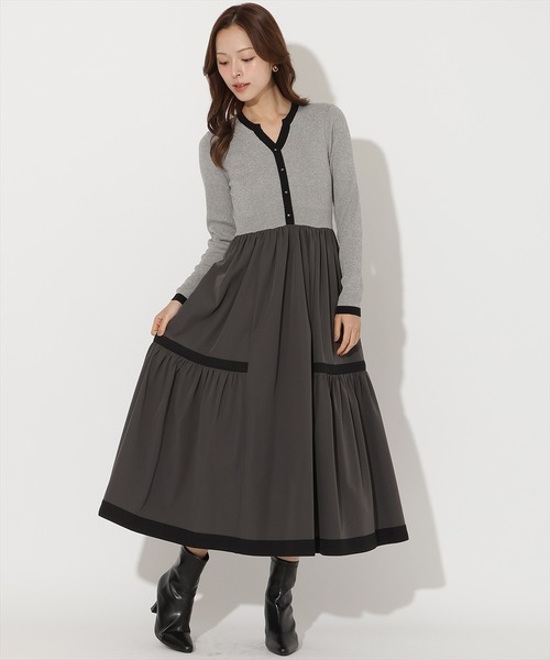 AND COUTURE(アンドクチュール)の「ラメ入り配色ドッキングワンピース(ワンピース・レディース・ベージュ/ボルドー/ライトグレー/ブラック/ミント/オフホワイト・FREE)」の3枚目の写真