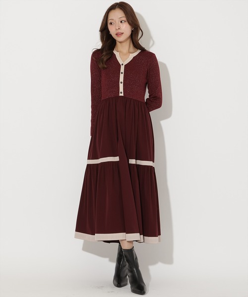 AND COUTURE(アンドクチュール)の「ラメ入り配色ドッキングワンピース(ワンピース・レディース・ベージュ/ボルドー/ライトグレー/ブラック/ミント/オフホワイト・FREE)」の6枚目の写真