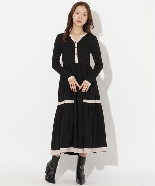 AND COUTURE(アンドクチュール)の「ラメ入り配色ドッキングワンピース(ワンピース・レディース・ベージュ/ボルドー/ライトグレー/ブラック/ミント/オフホワイト・FREE)」の1枚目の写真