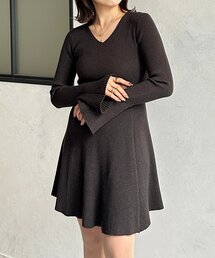 袖フレアリブニットチュニックワンピース