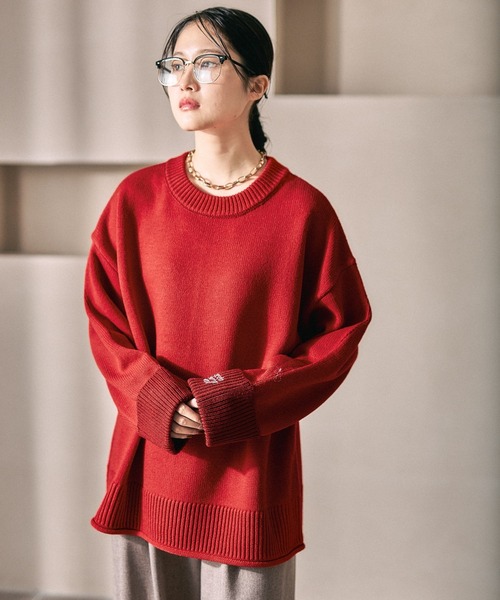 鼻セレブSTONE  フード付きニットセーター 赤 5ゲージ袖配色ロゴプルオーバー 634215（ニット/セーター）｜LEPSIM