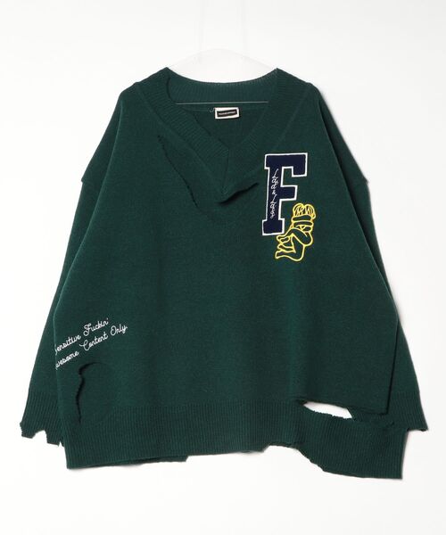 PRESTIGE APPAREL(プレステージアパレル)の「PRESTIGE APPAREL BIG SILHOUETTE DAMAGED LOGO KNIT(ニット/セーター・メンズ・ダークグリーン/オフホワイト・MEDIUM/SMALL)」の2枚目の写真