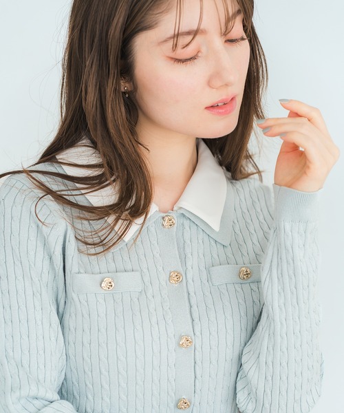 MISCH MASCH（ミッシュマッシュ）の「2026春夏新作 ダブル衿ケーブルカーディガン（カーディガン/ボレロ・レディース・グリーン/ホワイト/グレー・ﾌﾘ-）」の3枚目の写真