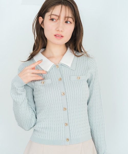 MISCH MASCH（ミッシュマッシュ）の「2026春夏新作 ダブル衿ケーブルカーディガン（カーディガン/ボレロ・レディース・グリーン/ホワイト/グレー・ﾌﾘ-）」の4枚目の写真