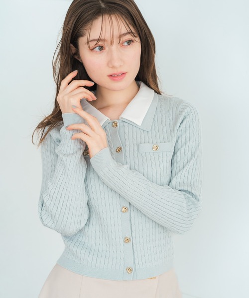 MISCH MASCH（ミッシュマッシュ）の「2026春夏新作 ダブル衿ケーブルカーディガン（カーディガン/ボレロ・レディース・グリーン/ホワイト/グレー・ﾌﾘ-）」の5枚目の写真