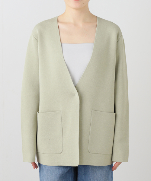 SLOBE IENA（スローブイエナ）の「ミラノリブVネックニットジャケット（ノーカラージャケット・レディース・アイボリー/グリーン・FREE）」の2枚目の写真