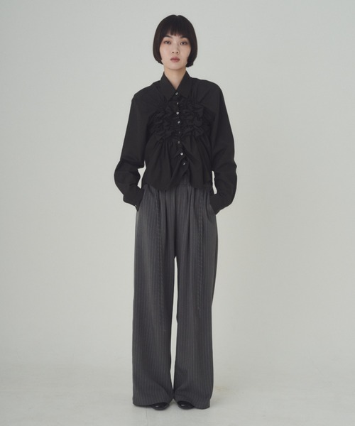 SOYEN(ソイエン)の「ダブルドロストワイドパンツ/セットアップ可 イージースラックス ピンストライプ 無地(スラックス・レディース・グレー/チャコール・F)」の14枚目の写真